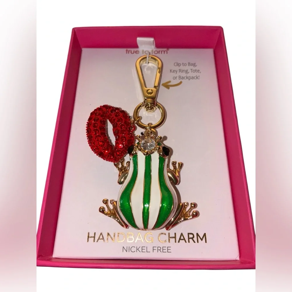 TRUE TO FORM Striped Frog and Red Crystal Lips Keychain or Bag Charm NEW NWT